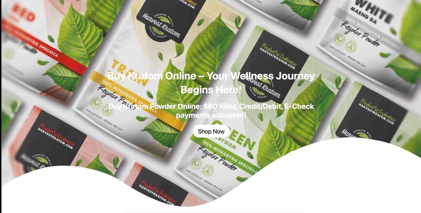 Harvest Kratom product lineup showing premium kratom powders capsules gummies and extract shots from Wesley Chapel Florida